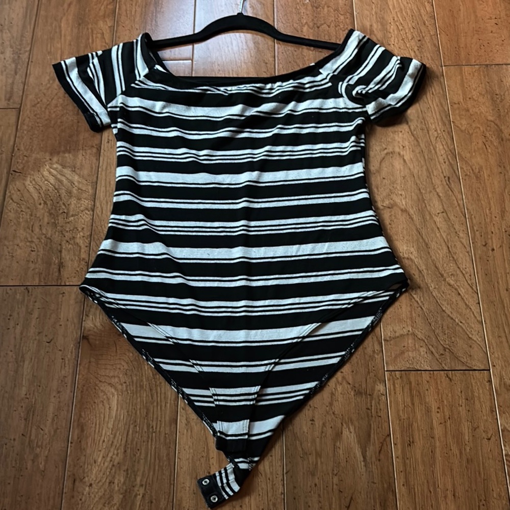Charlotte Russe Black and White Striped Bodysuit Off-the-Shoulder